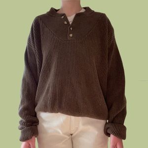 Brown Quarter-Button Knit Sweater